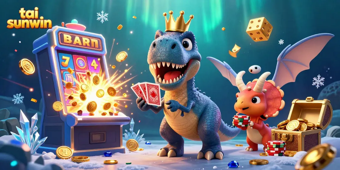 Experience tai sunwin with a vibrant illustration of a T-Rex shuffling cards among giant slot machine explosions.