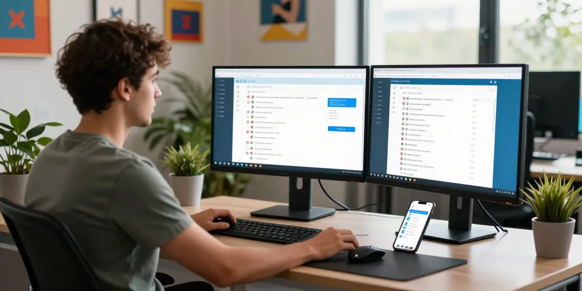 Developer using Telegram Web Version on multiple screens in a modern workspace.