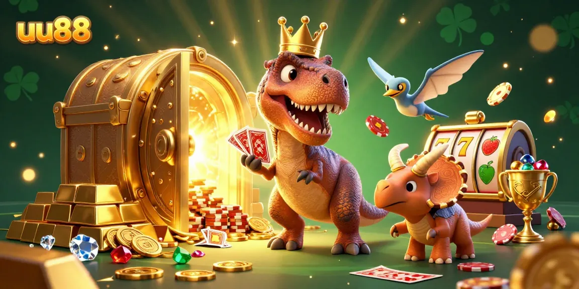 uu88 showcases a vibrant casino scene with a T-Rex shuffling cards and a triceratops stacking chips.