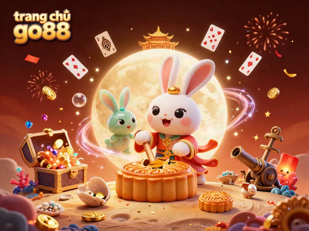 Join the excitement at trang chủ go88 with an entertaining 3D illustration of a moon rabbit in a vibrant casino-themed setting.