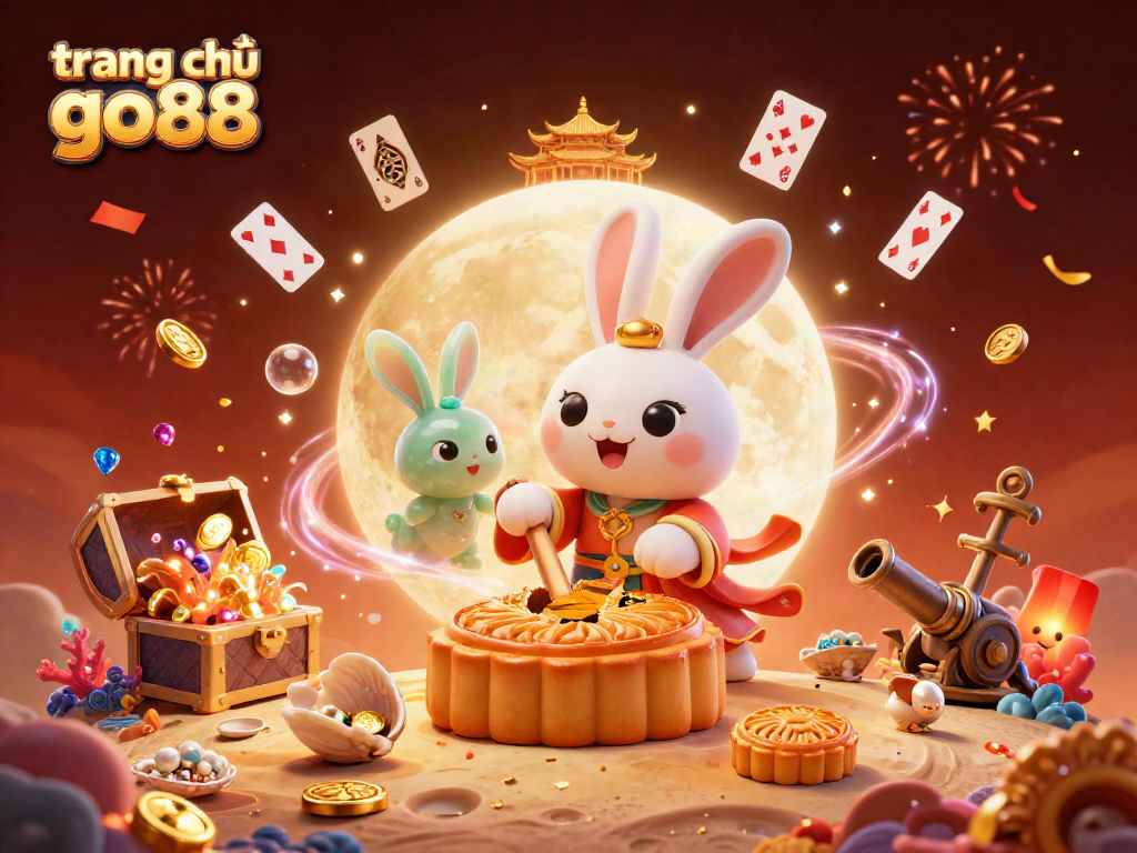 Join the excitement at trang chủ go88 with an entertaining 3D illustration of a moon rabbit in a vibrant casino-themed setting.