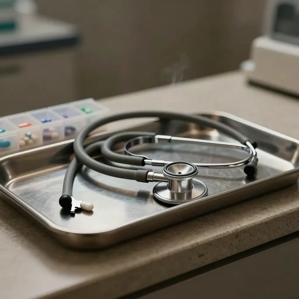 Stethoscoop, pillendoos en stalen tray in dramatisch licht op een stenen oppervlak.
