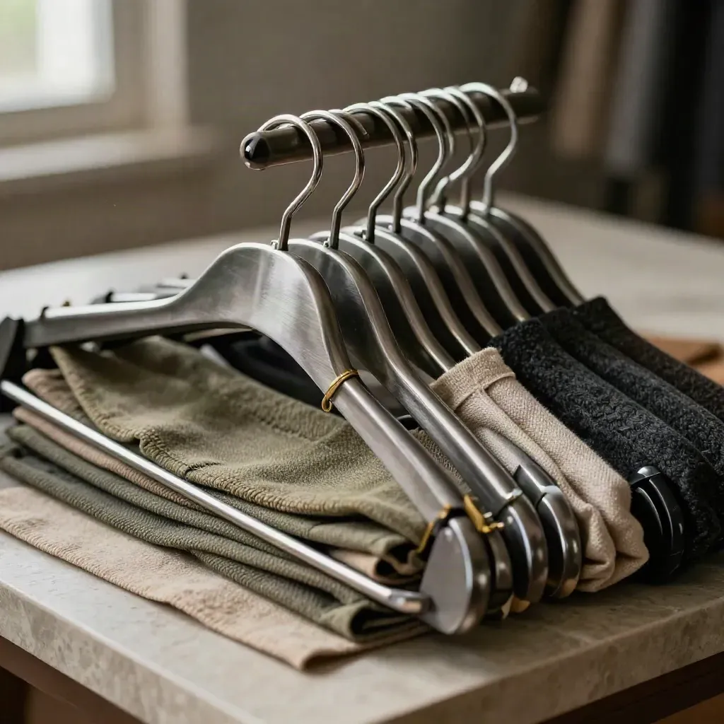 Bovenaanzicht van hangers, stofstalen en een messing klem op een neutrale werktafel