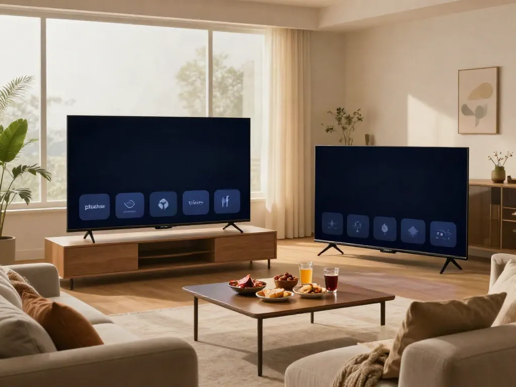 Engaged user watching the pikashow app on smart TV in cozy living room.