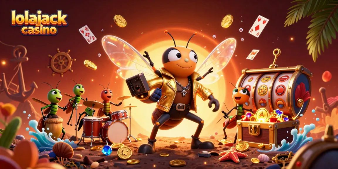 Experience the excitement at lolajack casino with a vibrant 3D scene of a cicada rock star and dynamic gaming elements.