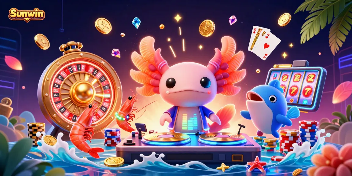 Sunwin features a lively 3D scene with a neon-colored DJ and dynamic gaming elements, showcasing casino vibrancy.
