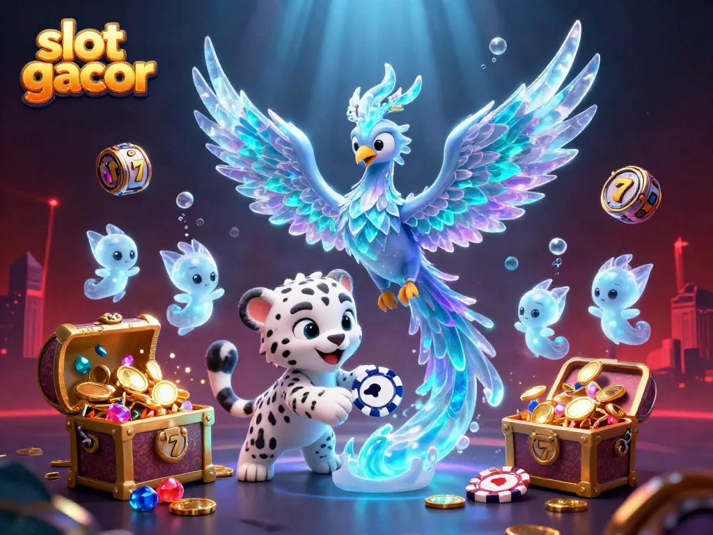 Experience thrilling slot gacor action with an enchanted scene of a mystical ice phoenix and casino elements.
