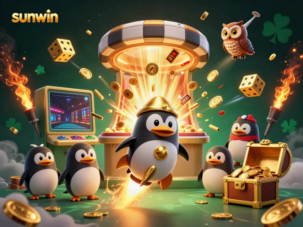 Experience thrilling adventures at sunwin with a rocket-powered penguin and dynamic casino elements in 3D.