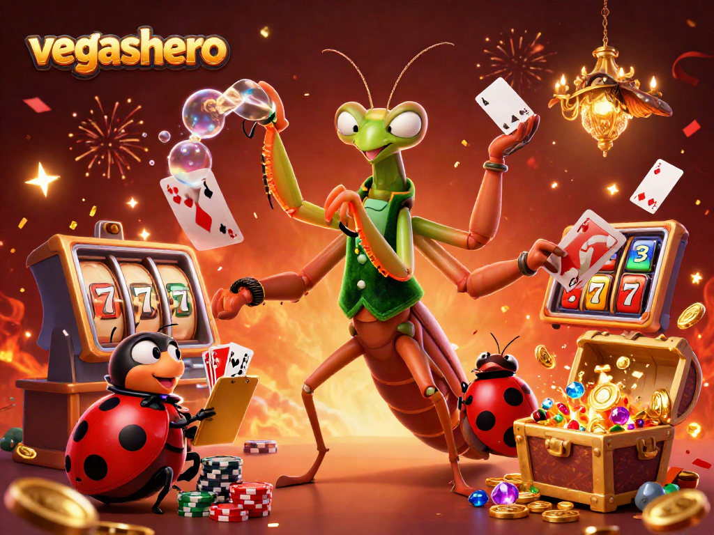 Experience the thrill of vegashero with a lively casino scene featuring a mantis dealer and vibrant game elements.