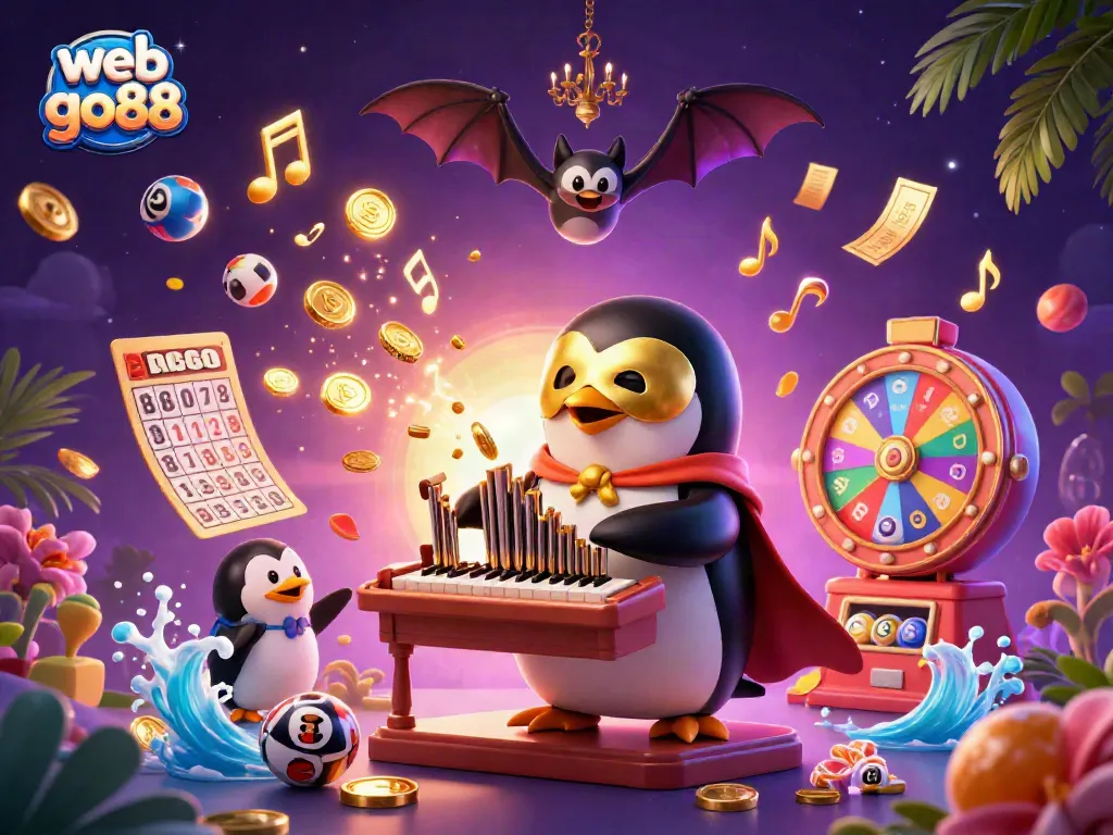 Experience thrilling entertainment at web go88 with a penguin playing a golden organ amid celebratory casino symbols.