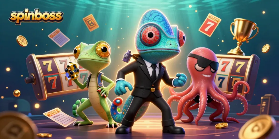 Win big with spinboss in this vibrant casino-themed illustration featuring action-packed elements.