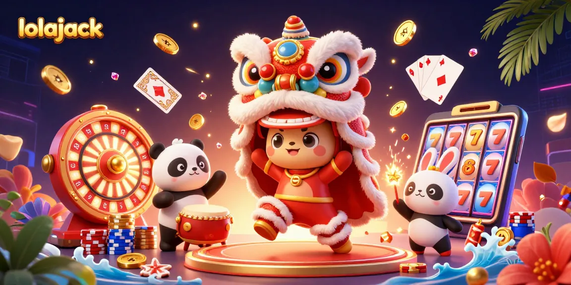 Experience winning at lolajack casino with a vibrant illustration featuring a lively lion dance and gaming elements.